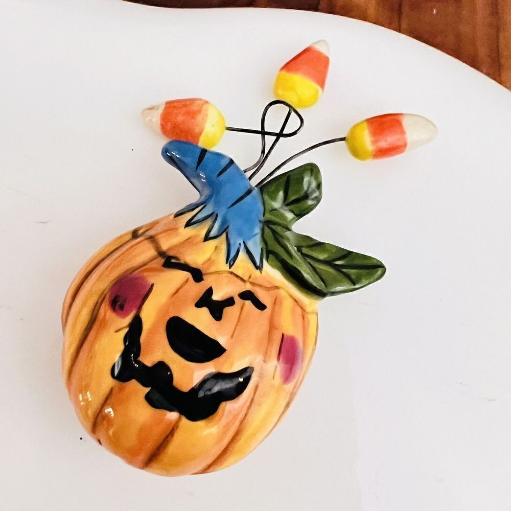 Heather Goldminc Brooch Glazed Ceramic Halloween Jack O Lantern Signed Pin 1394